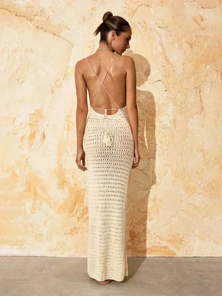 Sexy Coastal Muse Knit Maxi – Cut-Out Tassel Elegance