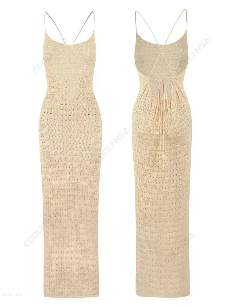 Sexy Coastal Muse Knit Maxi – Cut-Out Tassel Elegance