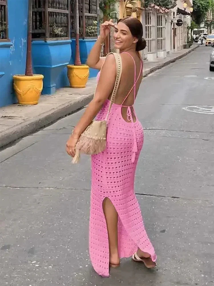 Sexy Coastal Muse Knit Maxi – Cut-Out Tassel Elegance