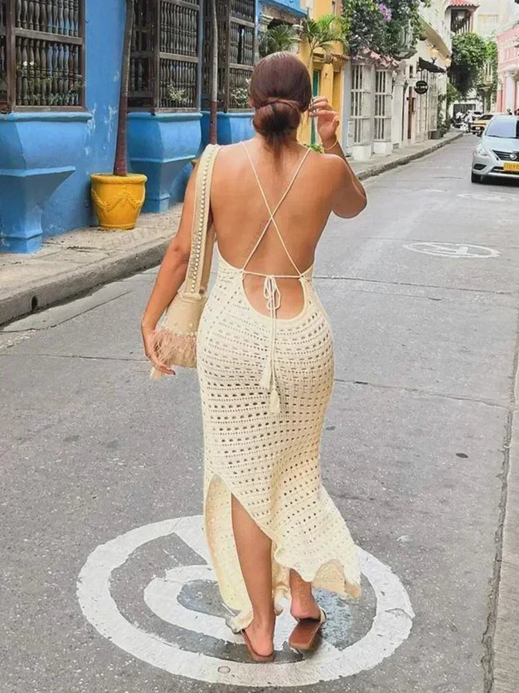 Sexy Coastal Muse Knit Maxi – Cut-Out Tassel Elegance