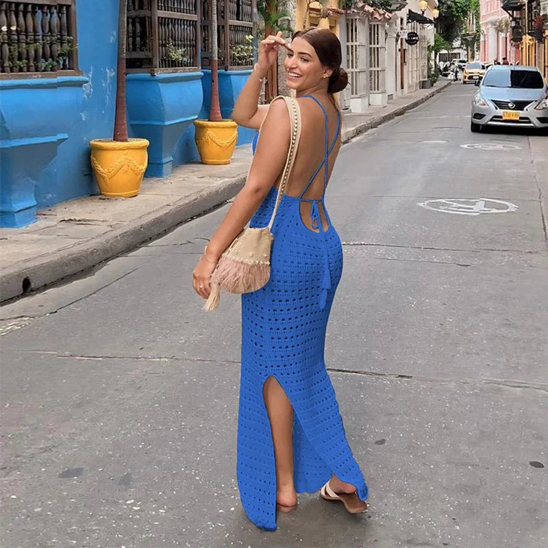 Sexy Coastal Muse Knit Maxi – Cut-Out Tassel Elegance