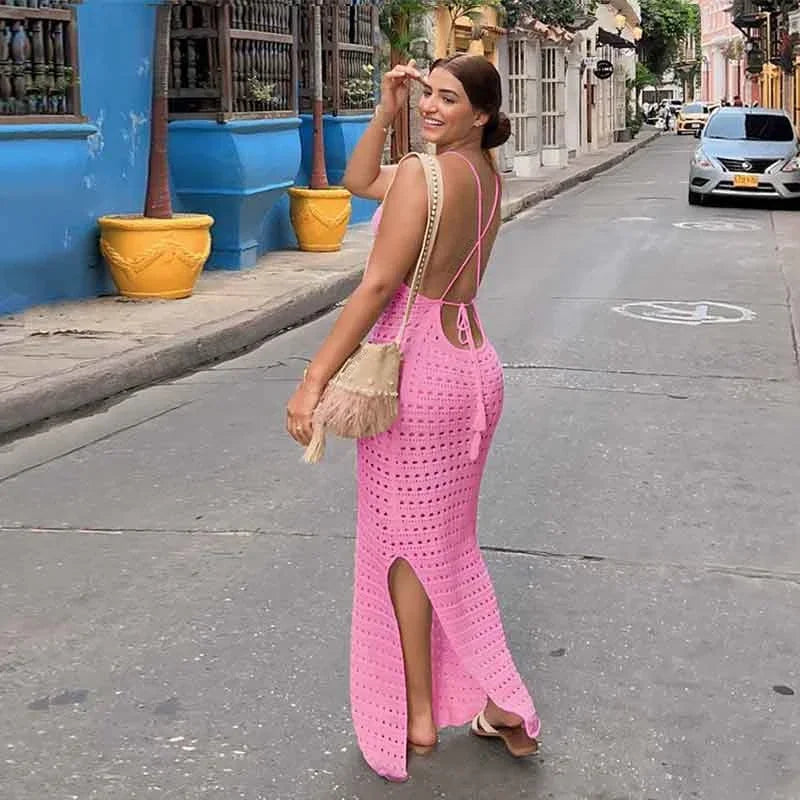 Sexy Coastal Muse Knit Maxi – Cut-Out Tassel Elegance
