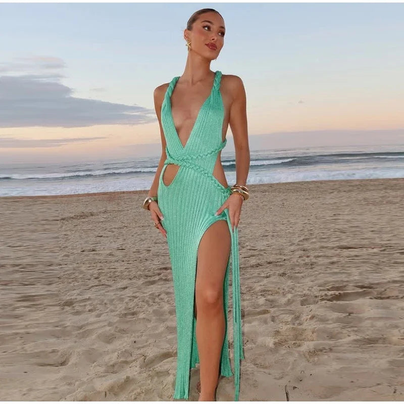 Summer Siren Ribbed Knit Dress – Emerald Allure