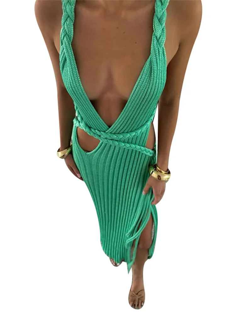 Summer Siren Ribbed Knit Dress – Emerald Allure