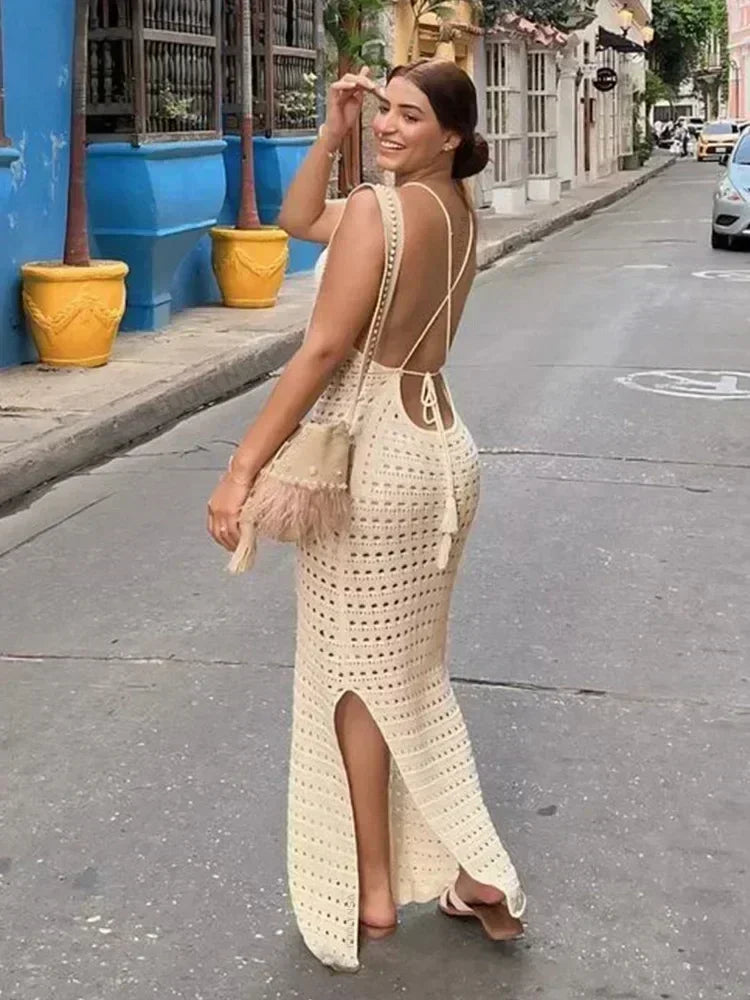 Sexy Coastal Muse Knit Maxi – Cut-Out Tassel Elegance