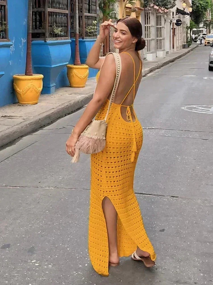 Sexy Coastal Muse Knit Maxi – Cut-Out Tassel Elegance