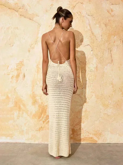 Sexy Coastal Muse Knit Maxi – Cut-Out Tassel Elegance