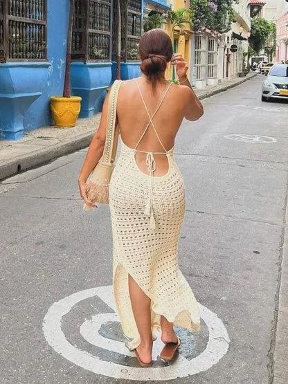 Sexy Coastal Muse Knit Maxi – Cut-Out Tassel Elegance